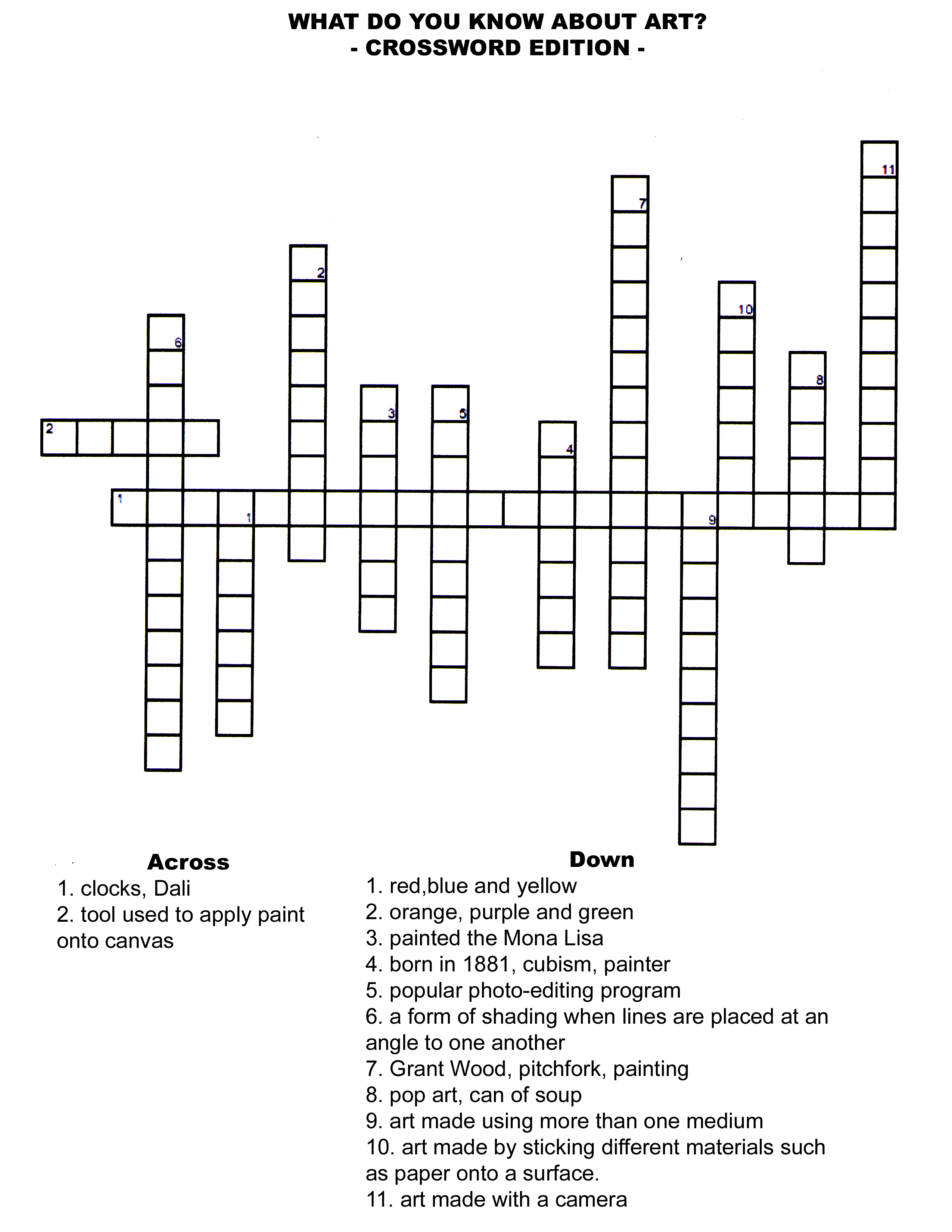 Art Crossword Puzzle Printable
